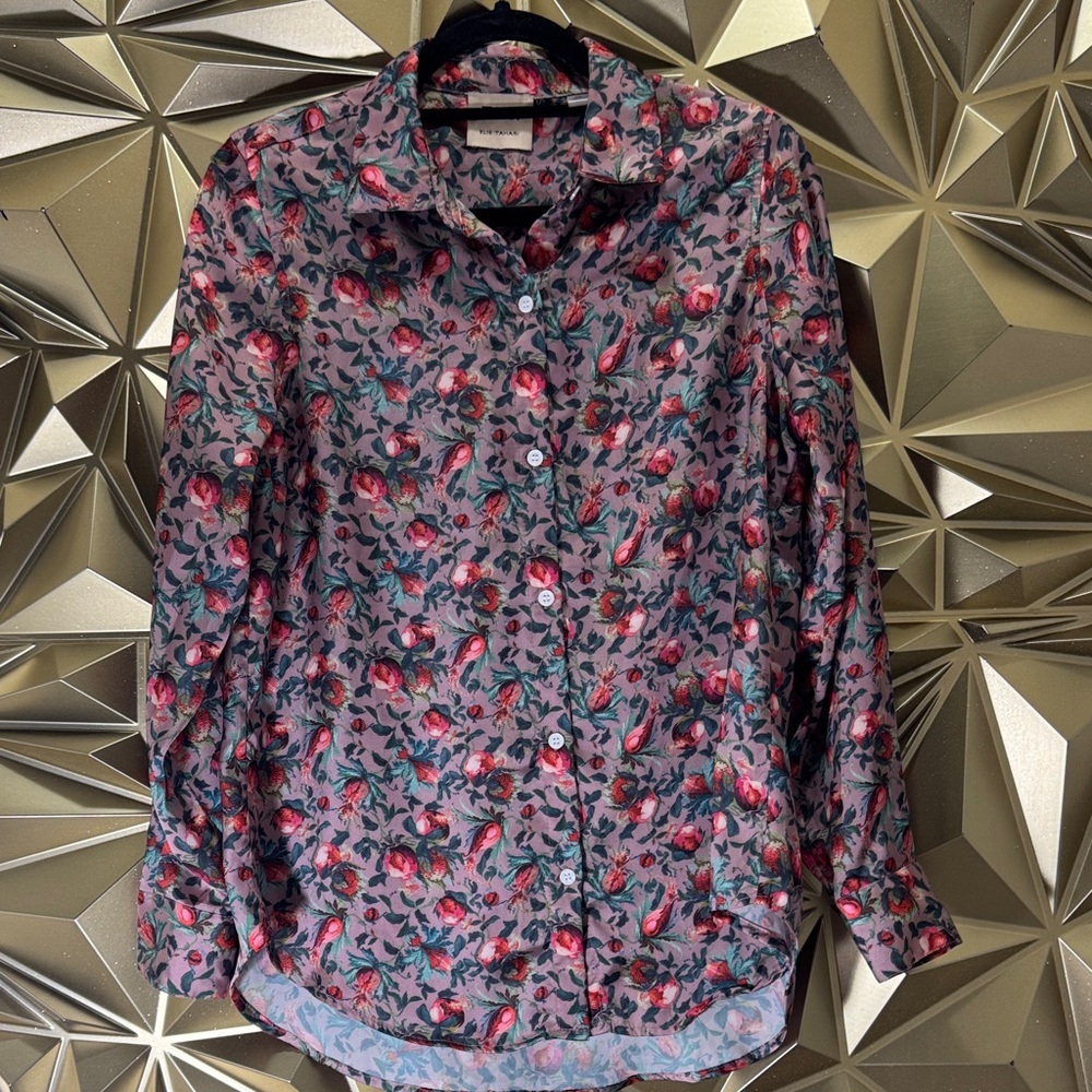 Elie Tahari Floral Blouse in Purple Pink and Green